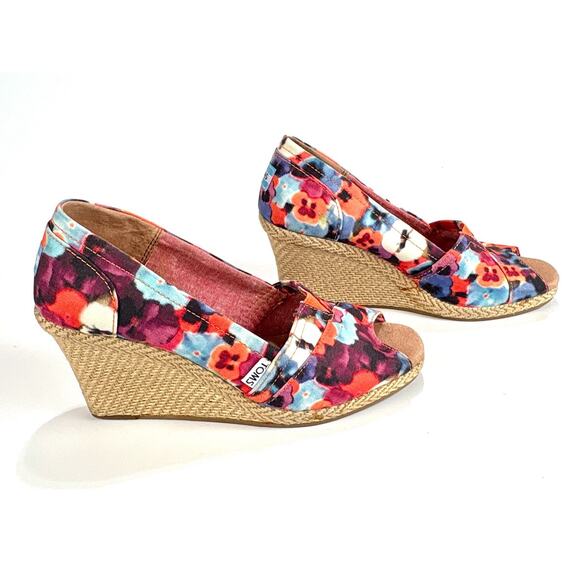 Toms Women's 9 Espradille Canvas Sandals Peep Toe Floral Wedge Heels Summer Shoe - Picture 6 of 8